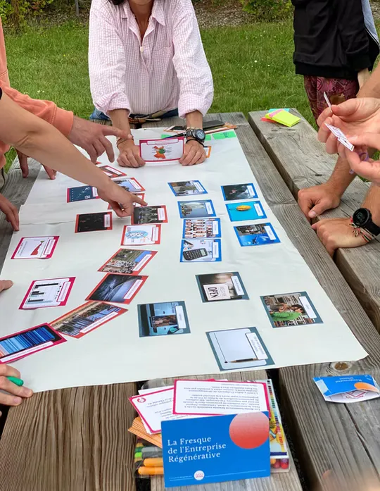 Des participants à la fresque de l'entreprise régénérative prennent connaissance des cartes